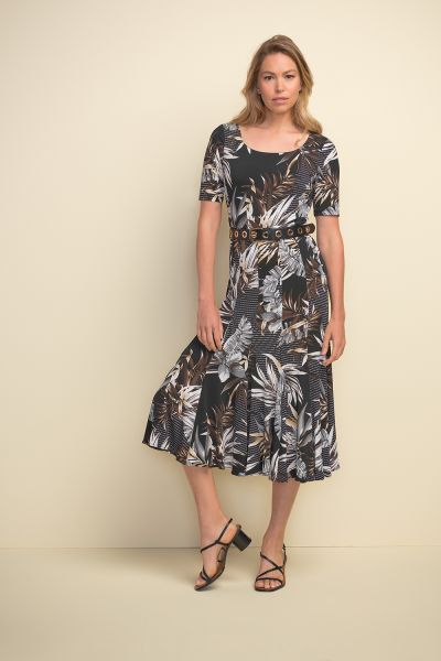 Joseph Ribkoff Black/Multi Tropical Print Short Sleeve Dress Style 211186
