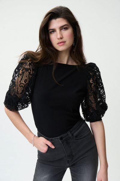Joseph Ribkoff Black Top With Guipure Lace Sleeves Style 224115
