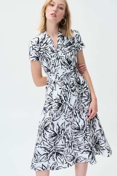Joseph Ribkoff Vanilla/Black Tropical Print Shirt Dress With Sash Style 231045