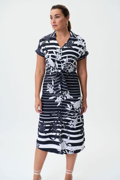 Joseph Ribkoff Midnight Blue/Vanilla Woven Floral Dress with Stripes Style 232050
