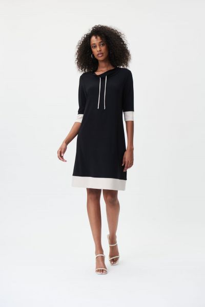 Joseph Ribkoff Black/moonstone Silky Knit Dress With Drawstrings Style 232093