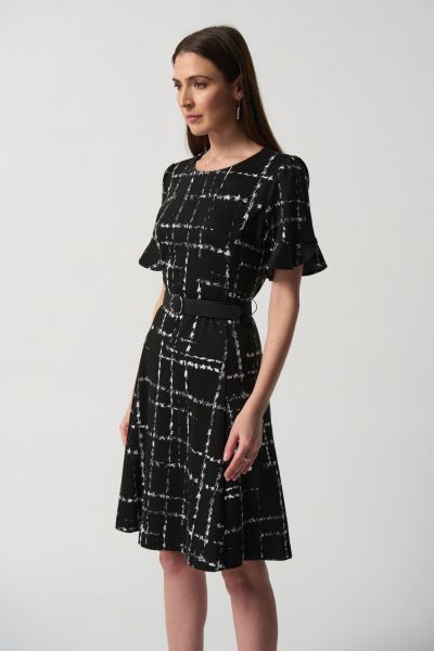 Joseph Ribkoff Black/Multi Plaid Jacquard Ruffled Dress Style 233004