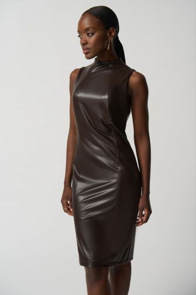 Joseph Ribkoff Mocha Sleeveless Faux-Leather Sheath Dress Style 233010