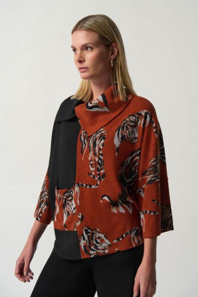 Joseph Ribkoff Tandoori/Multi Tiger Print Overlap Collar Top Style 233100