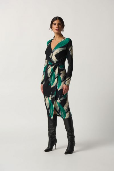 Joseph Ribkoff Black/Multi Abstract Print Wrap Dress Style 233127
