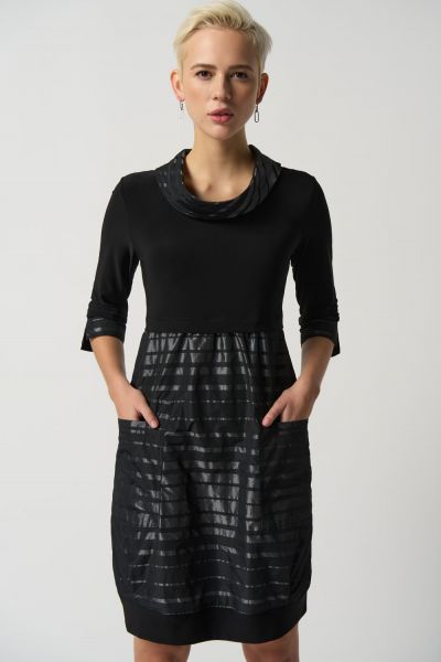 Joseph Ribkoff Black/Silver Stand Collar Cocoon Dress Style 233158