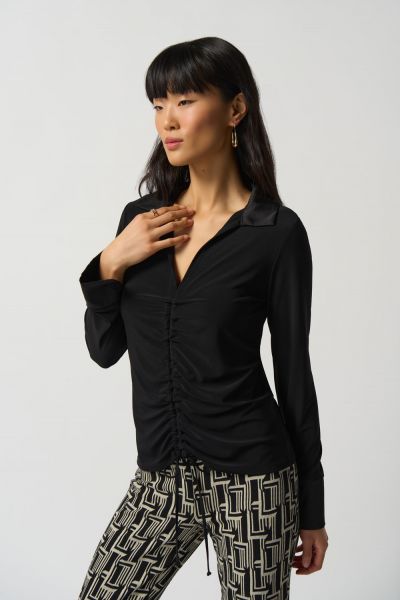 Joseph Ribkoff Black Knit and Satin Ruched Top Style 233220