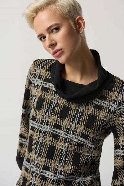 Joseph Ribkoff Black/Multi Plaid Cowl Neck Sweater Style 233266