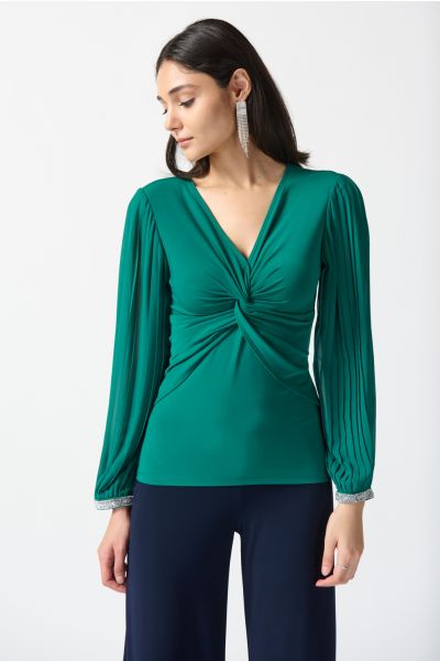 Joseph Ribkoff True Emerald Pleated Sleeve Blouse Style 233763