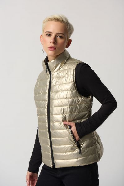 Joseph Ribkoff Gold/Black Reversible Quilted Metallic Puffer Vest Style 233966