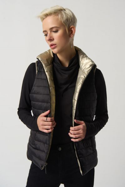 Joseph Ribkoff Gold/Black Reversible Quilted Metallic Puffer Vest Style 233966