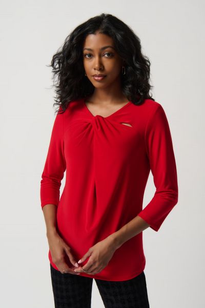 Joseph Ribkoff Lipstick Red Twist Silky Knit Fitted Top Style 234044