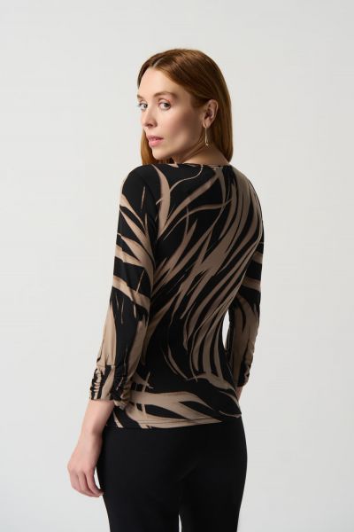 Joseph Ribkoff Black/Latte Abstract Print Silky Knit Top With Side Buckle Style 234078