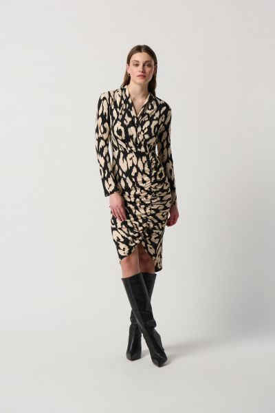Joseph Ribkoff Black/Beige Animal Foil Print Silky Knit Sheath Dress Style 234081