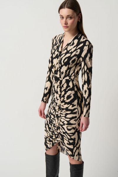 Joseph Ribkoff Black/Beige Animal Foil Print Silky Knit Sheath Dress Style 234081