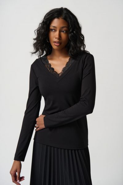 Joseph Ribkoff Black Jersey and Lace Fitted Long Sleeve Top Style 234089