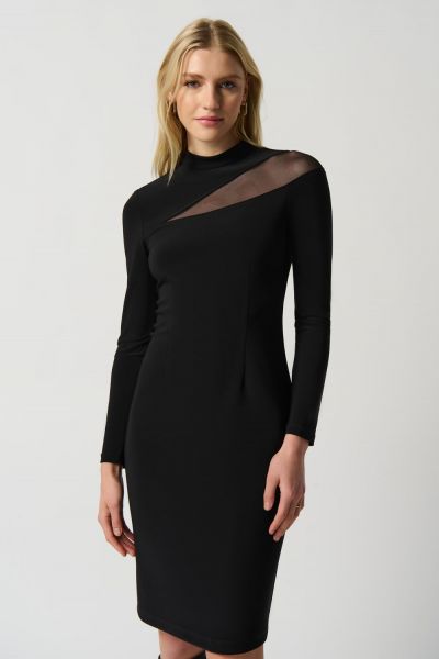 Joseph Ribkoff Black Silky Knit Mock Neck Dress With Mesh Insert Style 234096