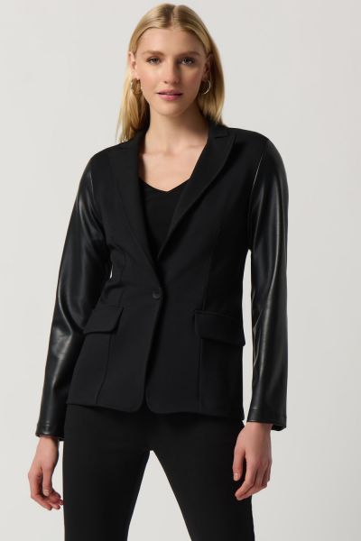 Joseph Ribkoff Black Heavy Knit And Faux Leather Fitted Blazer Style 234119
