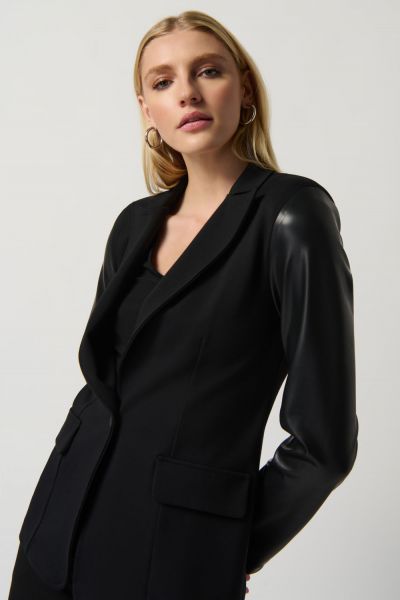 Joseph Ribkoff Black Heavy Knit And Faux Leather Fitted Blazer Style 234119
