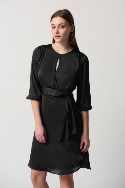 Joseph Ribkoff Black Satin Keyhole Neckline A-Line Dress Style 234127