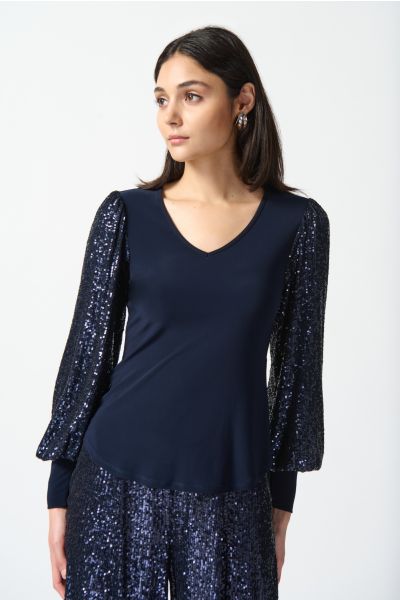 Joseph Ribkoff Midnight Blue Silky Knit Sequins Puff Sleeve Top Style 234130