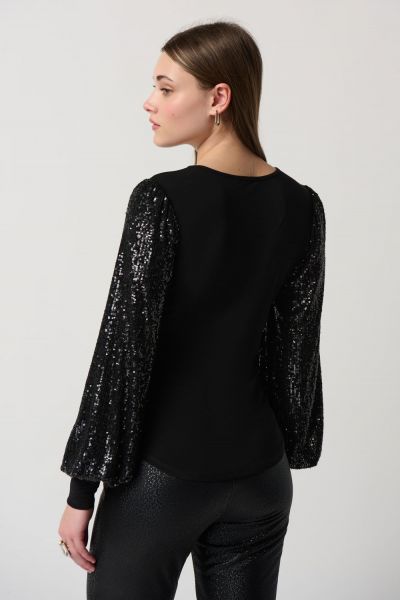 Joseph Ribkoff Black Silky Knit Sequins Puff Sleeve Top Style 234130