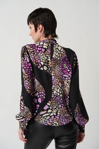 Joseph Ribkoff Black/Multi Animal Print Georgette Top with Puff Sleeves Style 234174