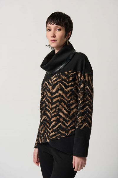 Joseph Ribkoff Black/Beige Printed Jacquard Knit Top With Faux Leather Trim Style 234209