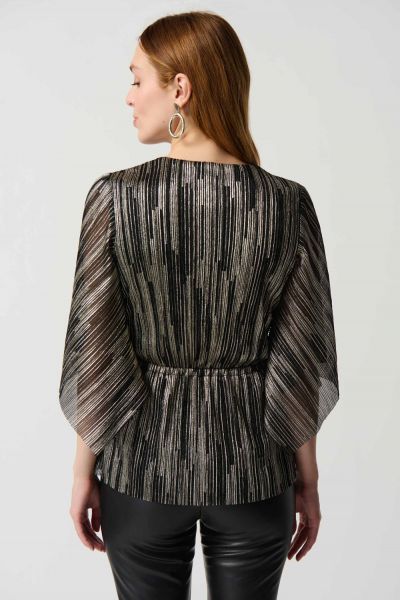 Joseph Ribkoff Black/Gold Pleated Foil Knit Top With Shirred Waist And Sash Style 234222