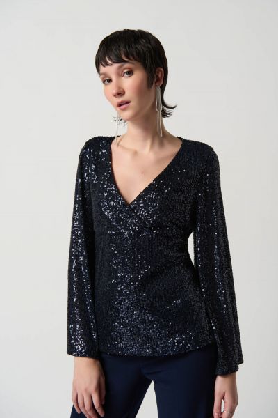 Joseph Ribkoff Midnight Blue Sequin Fitted Top With Long Bell Sleeves Style 234231