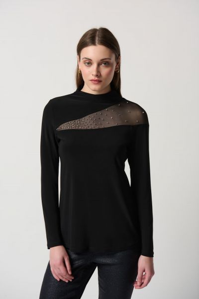 Joseph Ribkoff Black Top With Embellished Mesh Insert Style 234250