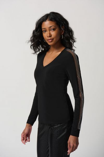Joseph Ribkoff Black Silky Knit Top With Mesh Inserts Style 234278