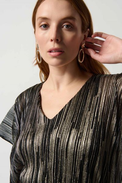 Joseph Ribkoff Black/Gold Foiled Pleated Novelty Knit Layered Dress Style 234285
