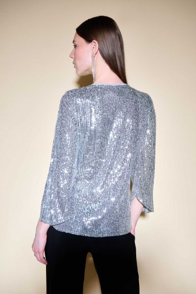 Joseph Ribkoff Silver Grey/Silver Sequin Bell Sleeve Flared Top Style 234701