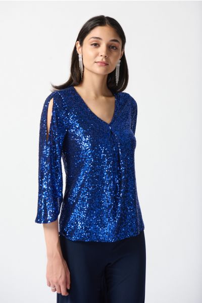 Joseph Ribkoff Navy/Royal Sequin Bell Sleeve Flared Top Style 234701
