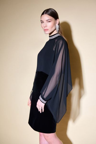 Joseph Ribkoff Black Velvet And Chiffon Dress With Cape And Rhinestone Collar Style 234706