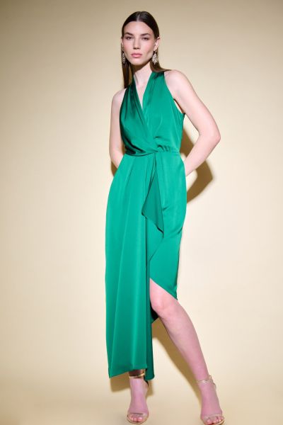 Joseph Ribkoff True Emerald Halter Neck Dress With Cascade Detail Style 234718