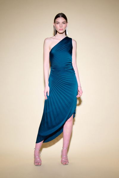 Joseph Ribkoff Nightfall Satin One Shoulder Dress With Asymmetrical Hemline Style 234721