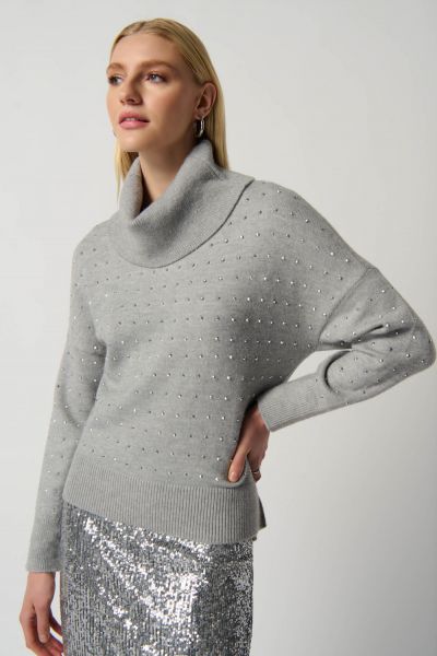 Joseph Ribkoff Light Grey Mélange Cowl Neck Sweater Style 234909