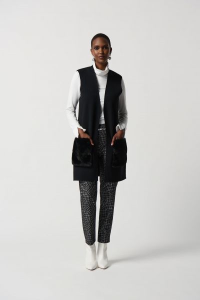 Joseph Ribkoff Black Sweater Knit And Faux Fur Vest Style 234912