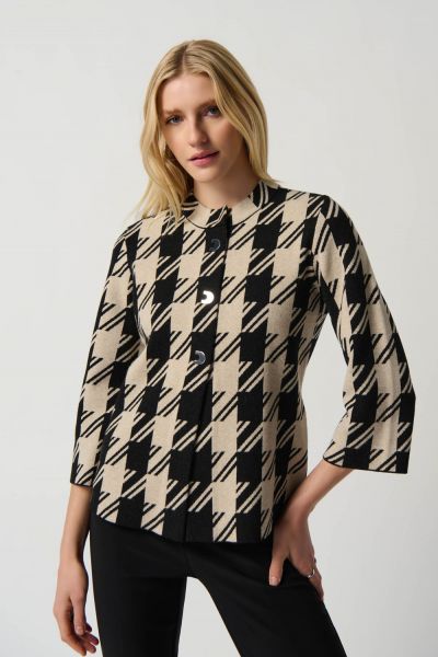Joseph Ribkoff Black/Oatmeal Mélange Plaid Jacquard Sweater Jacket With Mock Neck Style 234914