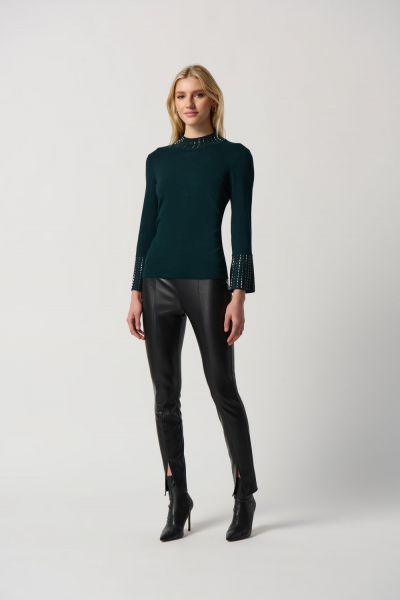 Joseph Ribkoff Alpine Green Embellished Sweater With Bell Sleeve and Mock Neck Style 234920
