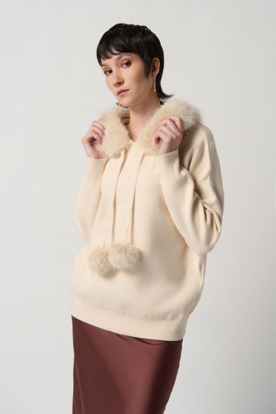 Joseph Ribkoff Almond Sweater With Faux Fur Hood And Pompoms Style 234921