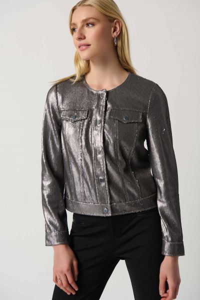 Joseph Ribkoff Gunmetal Sequin Jacket with Faux Pockets Style 234932