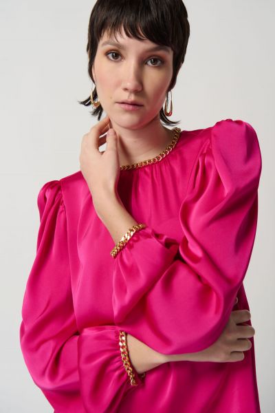 Joseph Ribkoff Shocking Pink Satin Puff Sleeve Top With Gold Chain Style 234934