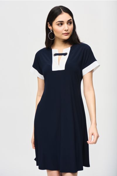 Joseph Ribkoff Midnight Blue/Moonstone Colour-Block A-line Dress Style 241030