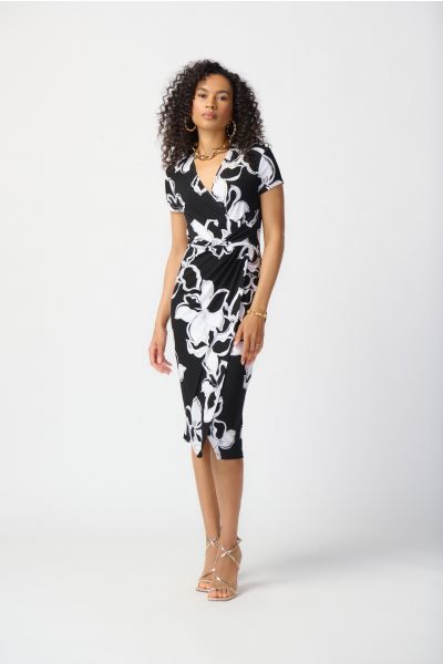 Joseph Ribkoff Black/Vanilla Floral Print Silky Knit Wrap Dress Style 241050