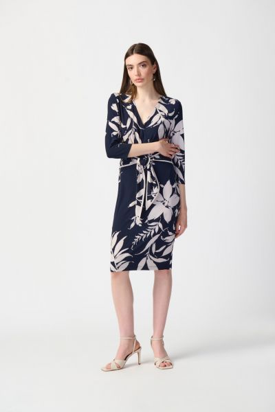 Joseph Ribkoff Midnight Blue/Beige Floral Print Wrap Dress Style 241056