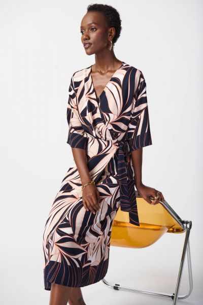 Joseph Ribkoff Midnight Blue/Multi Tropical Print Wrap Dress Style 241114