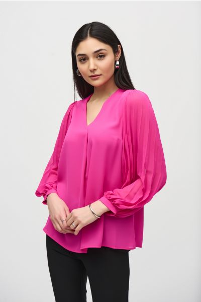Joseph Ribkoff Ultra Pink Top with Pleated Chiffon Sleeves Style 241173